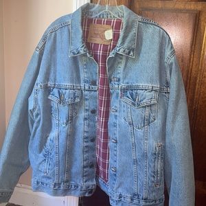 Vintage plaid flannel lined levis denim jean jacket medium maroon trucker 90s
